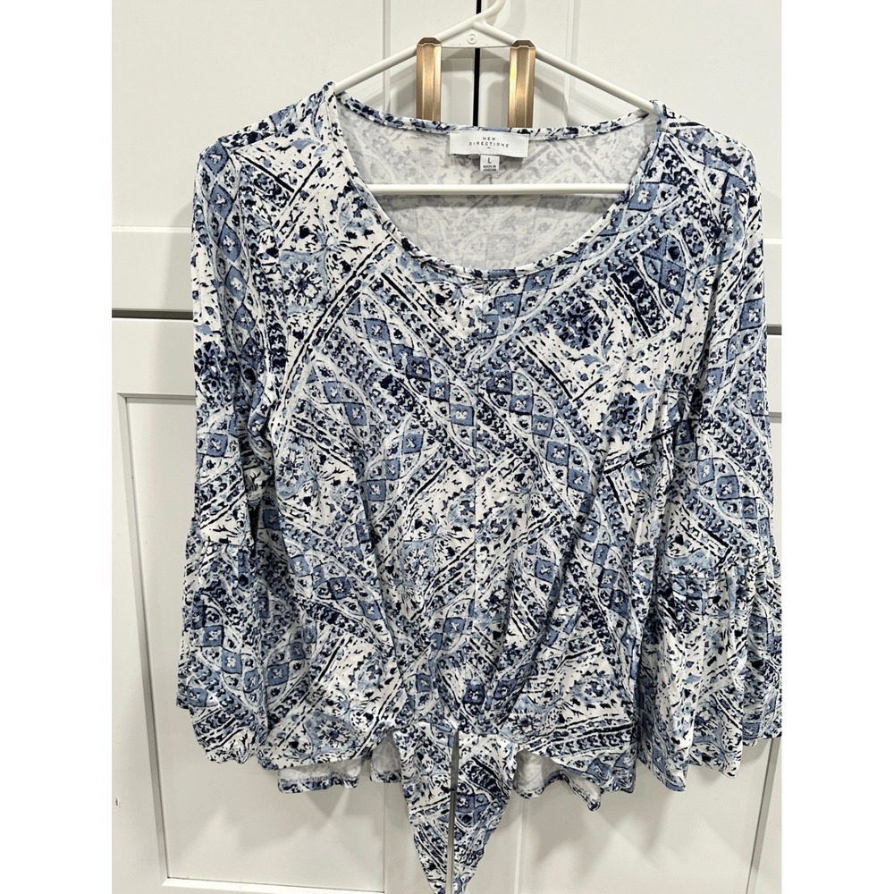 New Directions Women's Blue White‎ Paisley Tie Front Long Sleeve Top